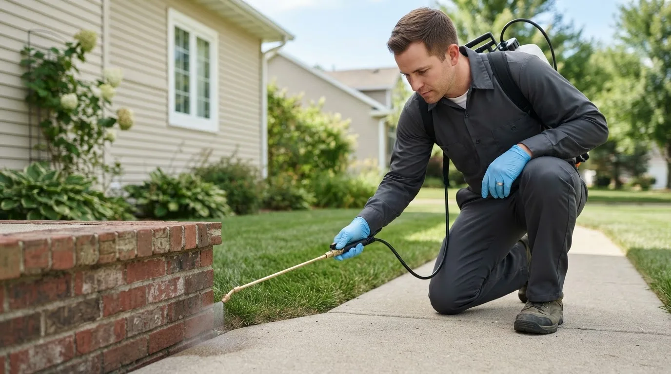Pest control technician treating a home near Crawfordsville, OR